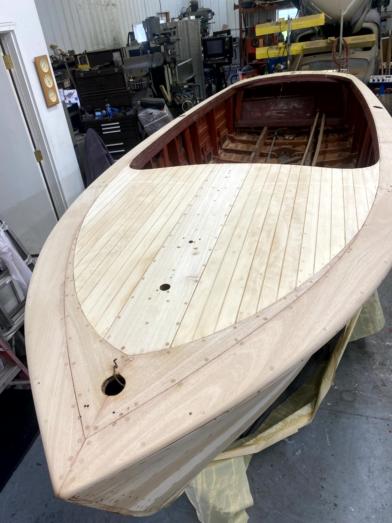 Classic wooden boat during restoration